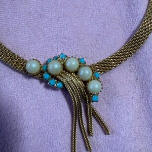 Vintage Art Deco Mesh Gold Pearl & Turquoise Necklace